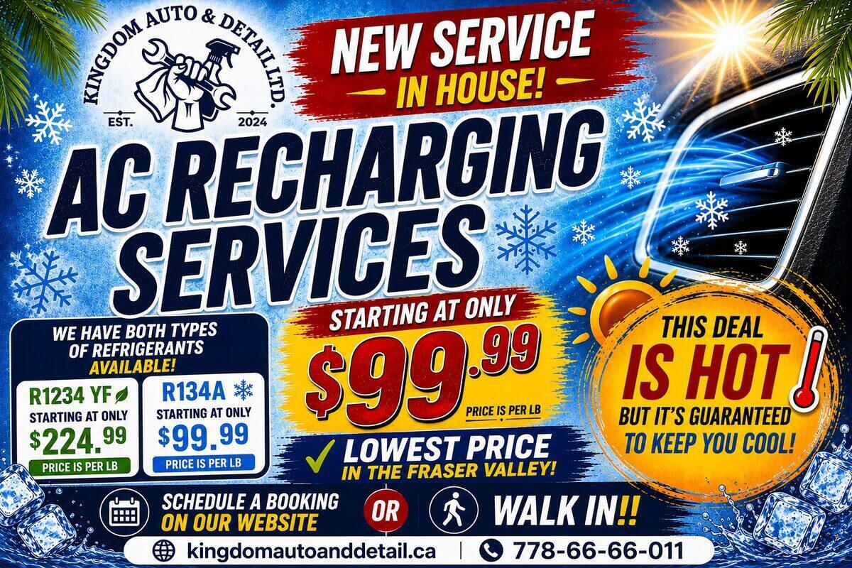 AC recharging services — R-134a or R-1234yf. Lowest price in the Fraser Valley.