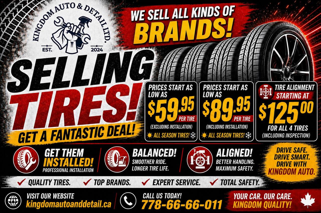 Selling tires — all major brands. New tires in stock from $59.95 per tire, professional mounting and balancing from $30 per tire, 4-wheel alignment $125.