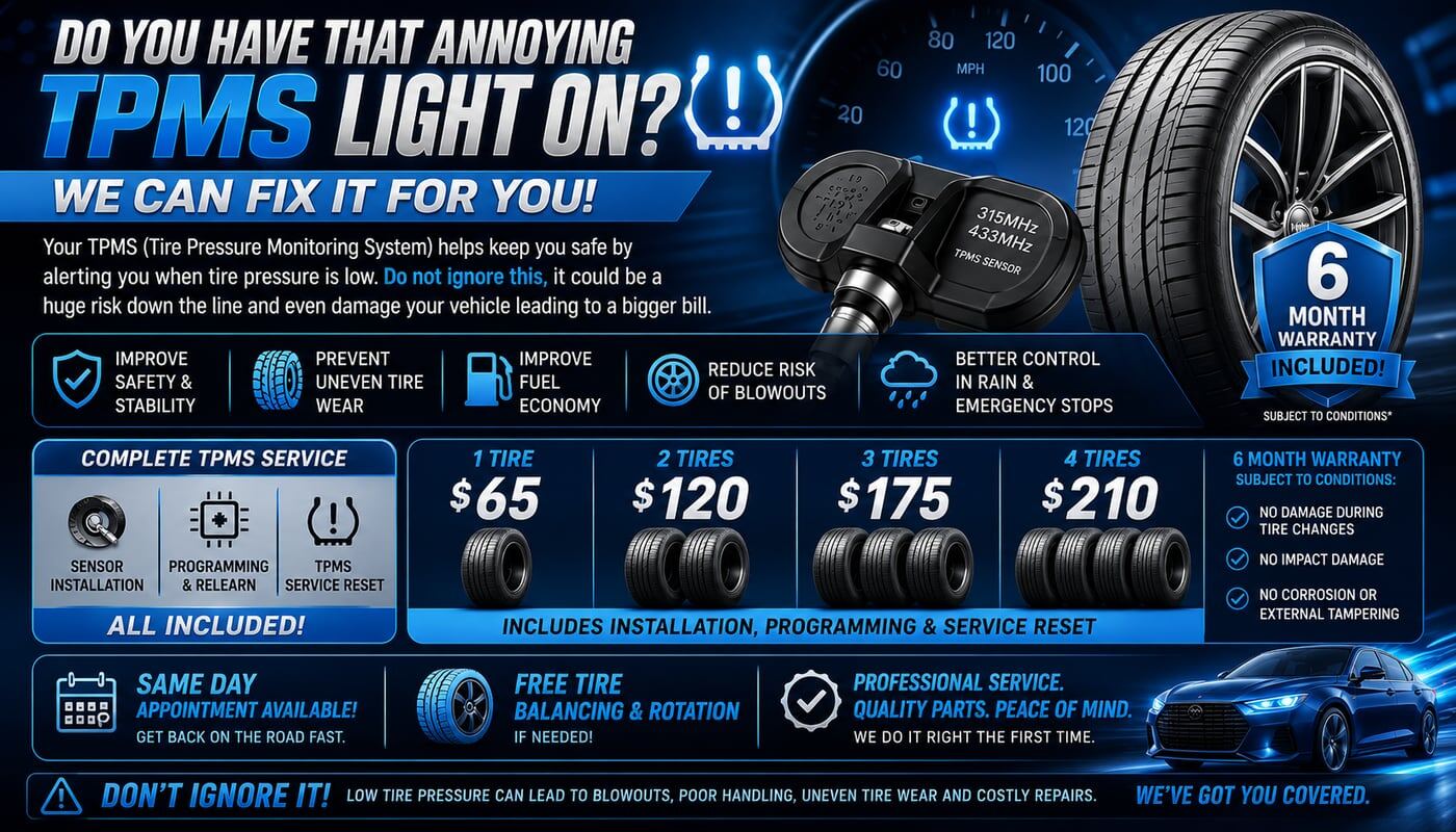 TPMS pricing: 1 tire $65, 2 tires $120, 3 tires $175, 4 tires $210 — installation, programming and service reset included.
