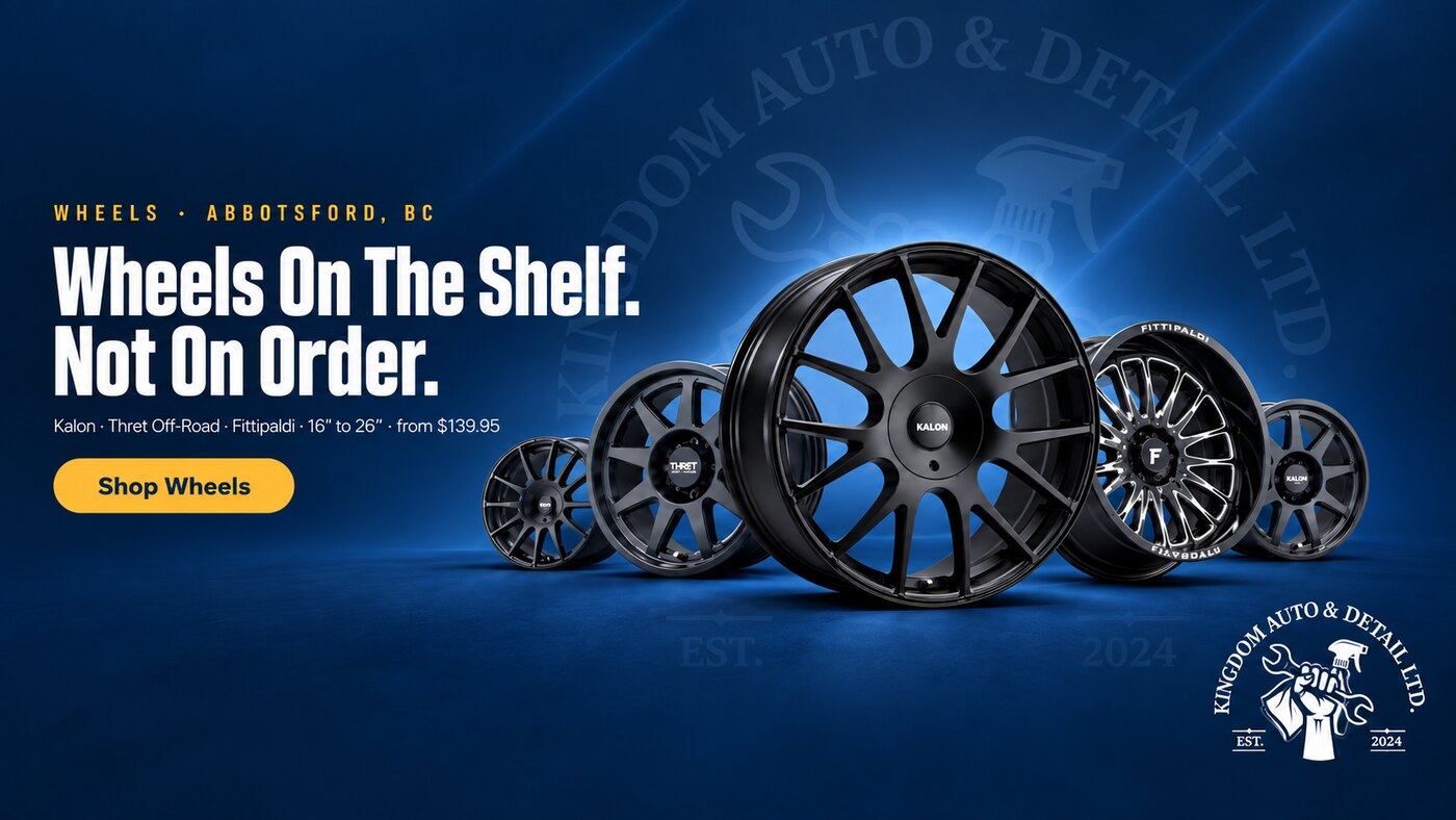 Wheels on the shelf, not on order — Kalon, Thret Off-Road and Fittipaldi alloy wheels, 16 to 26 inch, from $139.95.